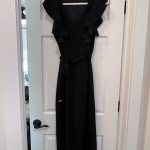 Tommy Hilfiger Black Ruffle V-Neck Maxi Dress with Tie Waist